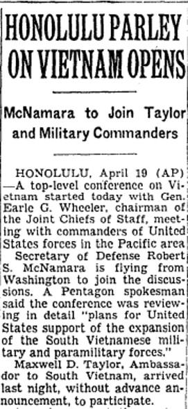 HONOLULU PARLEY ON VIETNAM OPENS&#58; McNamara to Join Taylor and Military Commanders New York Times&#59; Ne