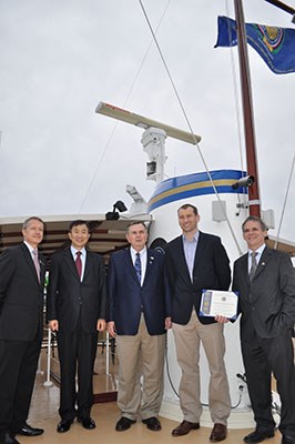 USS Sequoia Presidential Yacht, receives their Commemorative Partner flag and certificate.