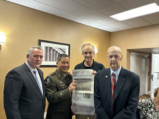 VWC Staff, LTC James Tom and Mr. Chuck Crosby pin MOH recipient and fellow Vietnam veteran.