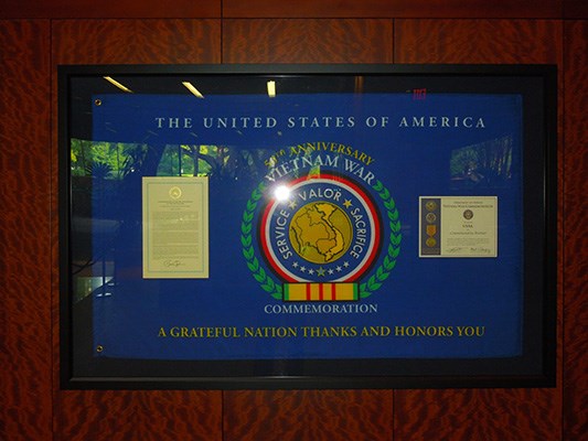 The frame is displayed at USAA&#8217;s Headquarters in San Antonio, Texas &#8211;in the Visitor Lobby.