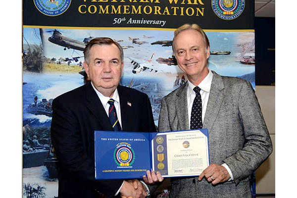 Singer and songwriter Chris Van Cleave visited the Vietnam War Commemoration and received a Certific