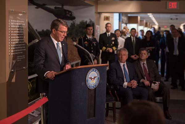 Secretary of Defense Ash Carter attends a Vietnam War hallway dedication ceremony.