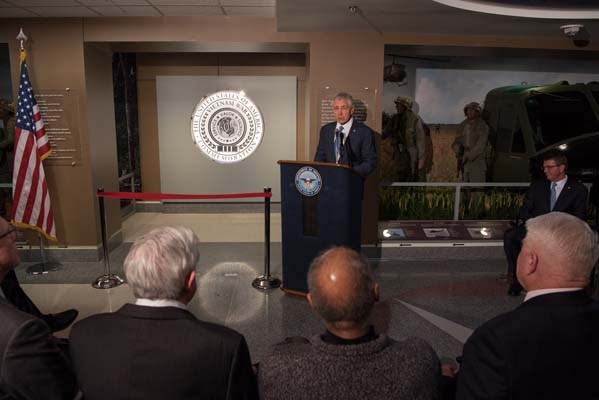 Former Secretary of Defense Chuck Hagel speaks during a Vietnam War hallway dedication.