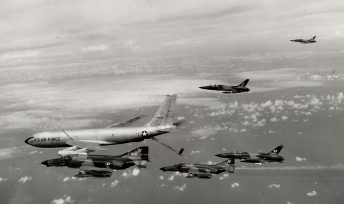 A U.S. Air Force SAM Hunter killer group of the 388th Tactical Fighter Wing takes fuel on the way to