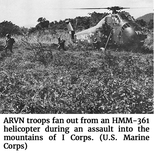 Photo of ARVN troops as they fan out from an HMM-361 helicopter during an assault into the mountains of I Corps. (U.S. Marine Corps)