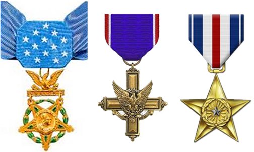 Composite graphic of the Army's Medal of Honor, Distinguished Service Cross and Silver Star Medal.