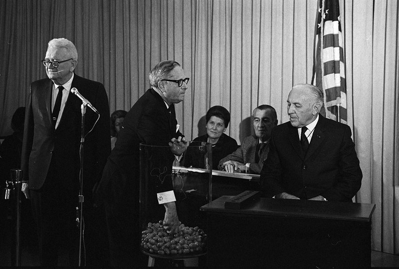 Congressman Alexander Pirnie, R-NY, pulls the first capsule for the Selective Service lottery drawing held on December 1, 1969. The capsule contained the date, September 14.(U.S. Selective Service System)