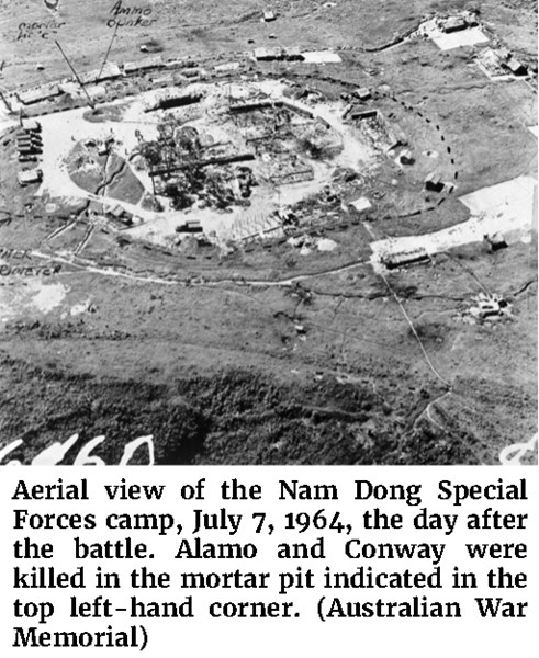 Photo of an aerial view of the Nam Dong Special Forces camp, July 7, 1964, the day after the battle. Alamo and Conway were killed in the mortar pit indicated in the top left-hand corner. (Australian War Memorial)