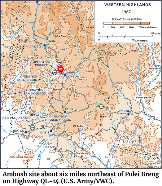 Map of ambush site about six miles northeast of Polei Breng on Highway QL-14 (U.S. Army/VWC).