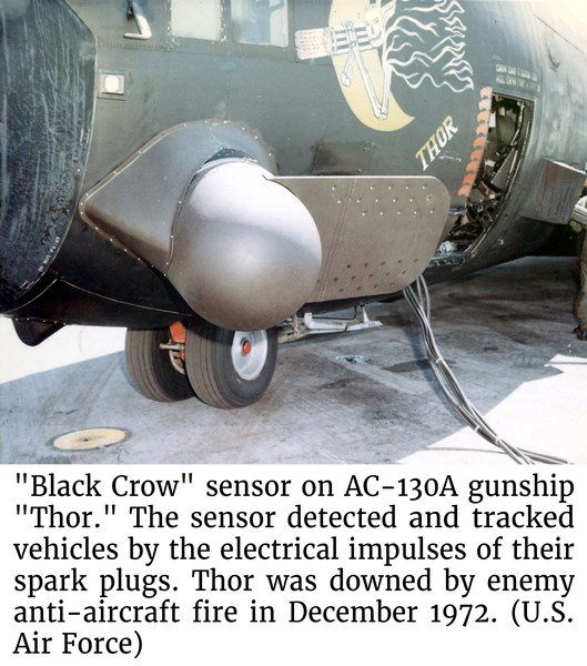 Photo of a "Black Crow" sensor on a AC-130A gunship "Thor." The sensor detected and tracked vehicles by the electrical impulses of their spark plugs. Thor was downed by enemy anti-aircraft fire in December 1972. (U.S. Air Force)