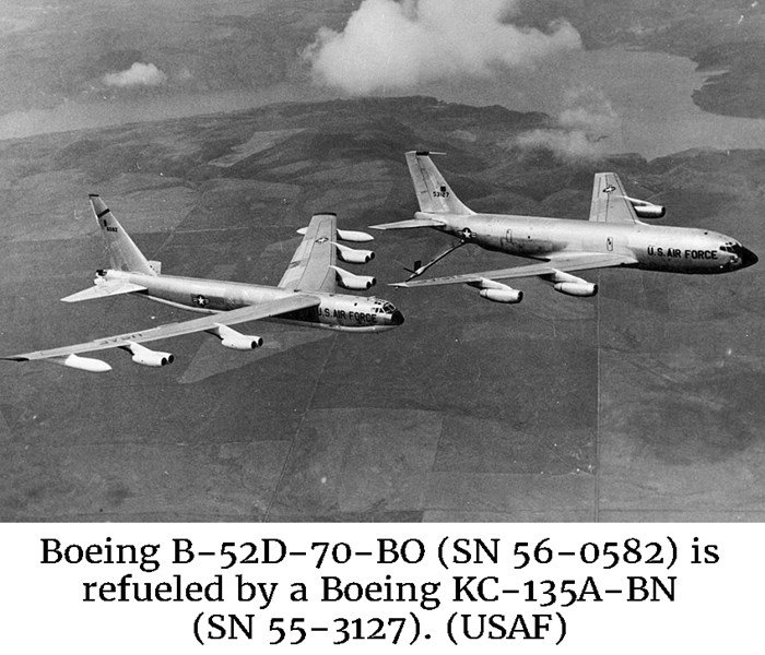 Photo of a Boeing B-52D-70-BO (SN 56-0582) that is being refueled by a Boeing KC-135A-BN. (SN 55-3127) (USAF)