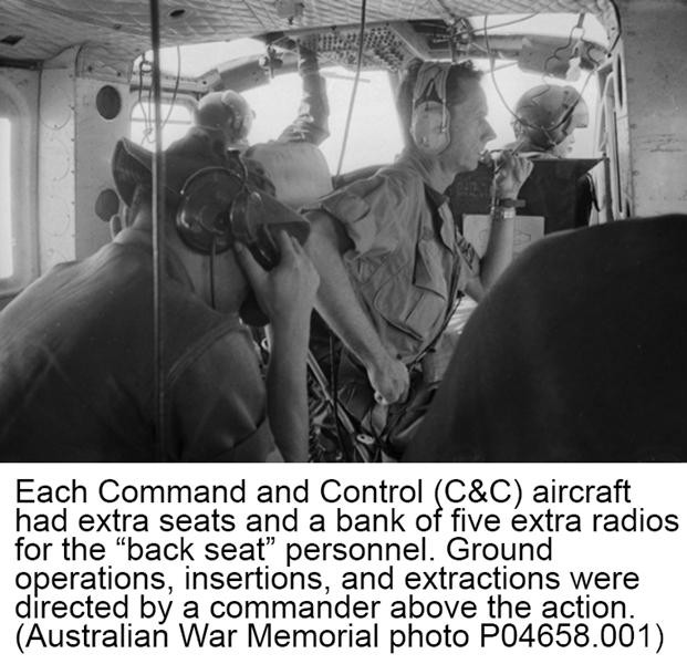 Each Command and Control (C&C) aircraft had extra seats and a bank of five extra radios for the “back seat” personnel. Ground operations, insertions, and extractions were directed by a commander above the action. (Australian War Memorial photo P04658.001)