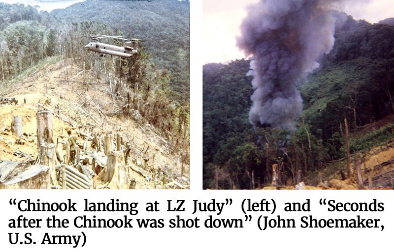 Two photos, side by side, of a “Chinook landing at LZ Judy” (left) and “Seconds after the Chinook was shot down” (John Shoemaker, U.S. Army)