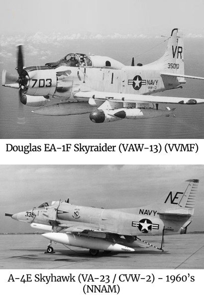 Composite image of 2 photos - a Douglas EA-1F Skyraider (VAW-13) and a 1960's A-4E Skyhawk (VA-23 / CVW-2).