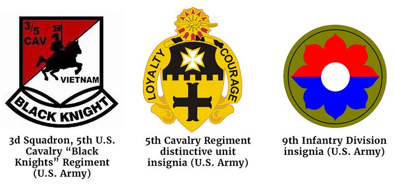 Composite graphic of the 3d Squadron, 5th U.S. Cavalry “Black Knights”, the 5th Cavalry Regiment distinctive unit and the 9th Infantry Division insignias. All provided by the U.S. Army.  