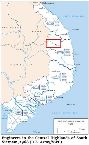 Map of location of Engineers in the Central Highlands of South Vietnam, 1968 (U.S. Army/VWC)