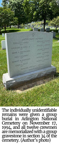 Individually unidentifiable remains were given a group burial in Arlington National Cemetery on November 17, 1994, and all twelve crewmen are memorialized in this photo of the group gravestone in section 34 of the cemetery. (Author’s photo)