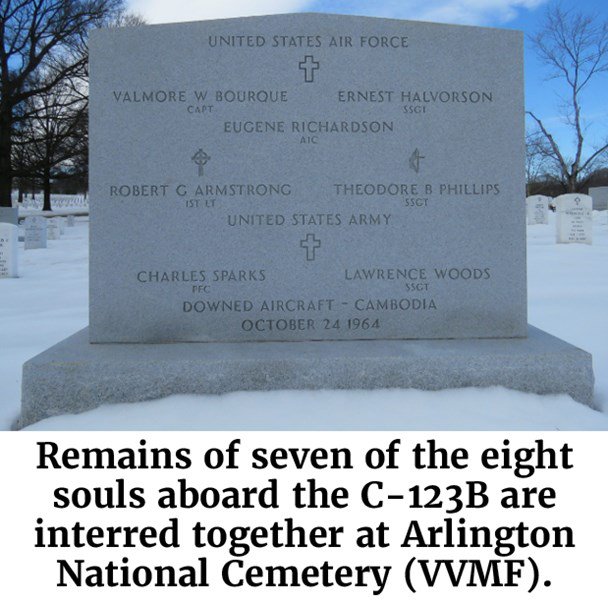 Photo of the headstone marking the remains of seven of the eight souls aboard the C-123B who are interred together at Arlington National Cemetery (VVMF)