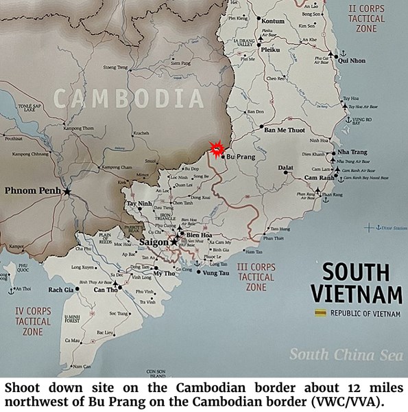 Map of the shoot down site on the Cambodian border about 12 miles northwest of Bu Prang on the Cambodian border (VWC/VVA)