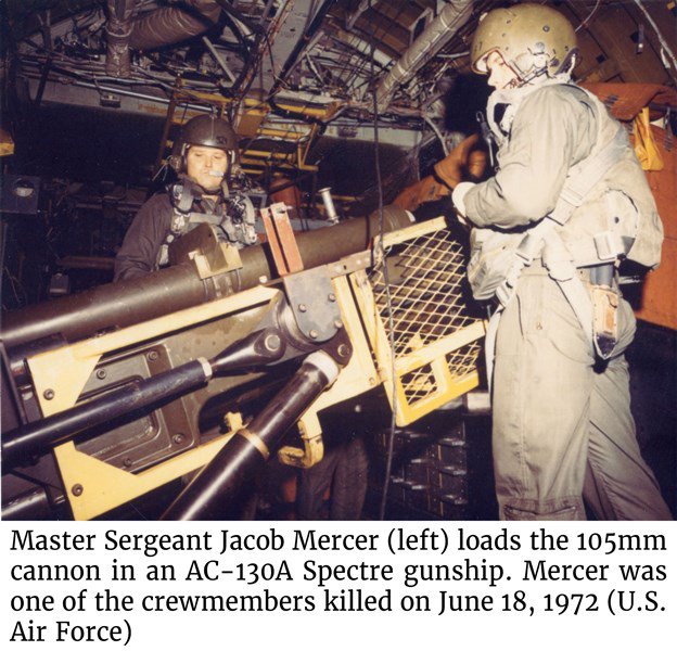 Photo of Master Sergeant Jacob Mercer (left) as he loads the 105mm cannon in an AC-130A Spectre gunship. Mercer was one of the crewmembers killed on June 18, 1972 (U.S. Air Force)