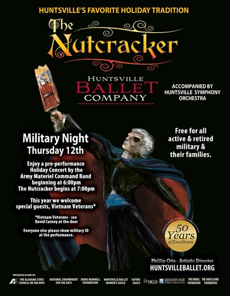 Enjoy a pre-performance Holiday Concert by the Army Material Command Band beginning at 6:00 p.m.  The Nutcracker begins at 7:00 p.m.