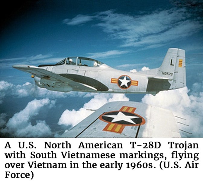 Photo of a U.S. North American T-28D Trojan with South Vietnamese markings, flying over Vietnam in the early 1960s. (U.S. Air Force)