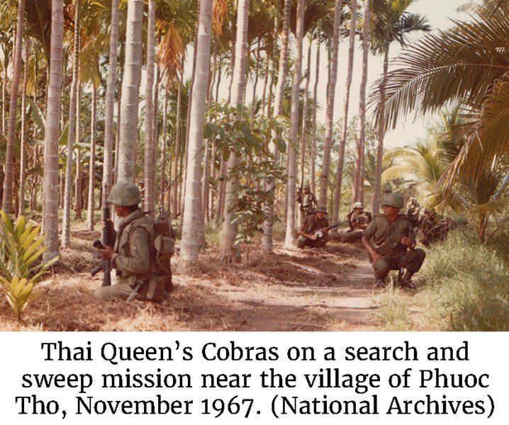 Photo of the Thai Queen’s Cobras on a search and sweep mission near the village of Phuoc Tho, November 1967. (National Archives)