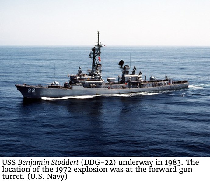 USS Benjamin Stoddert (DDG-22) underway in 1983. The location of the 1972 explosion was at the forward gun turret. (U.S. Navy)