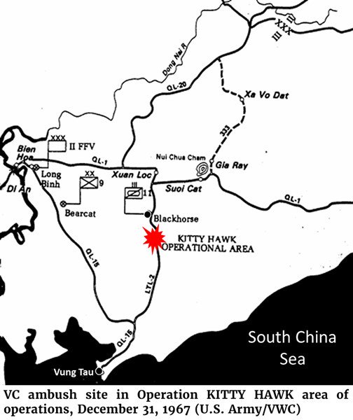 Map of the VC ambush site in Operation KITTY HAWK area of operations, December 31, 1967 (U.S. Army/VWC)