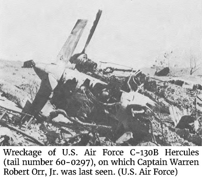Photo of the wreckage of U.S. Air Force C-130BHercules (tail number 60-0297), on whichCaptain Warren Robert Orr, Jr. was last seen.(U.S. Air Force)