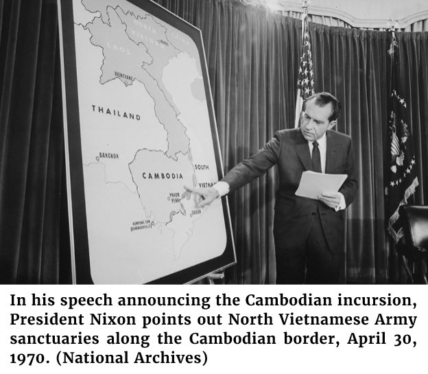 IPhoto of President Nixon in his speech announcing the Cambodian incursion, and pointing out North Vietnamese Army sanctuaries along the Cambodian border, April 30, 1970. (National Archives)