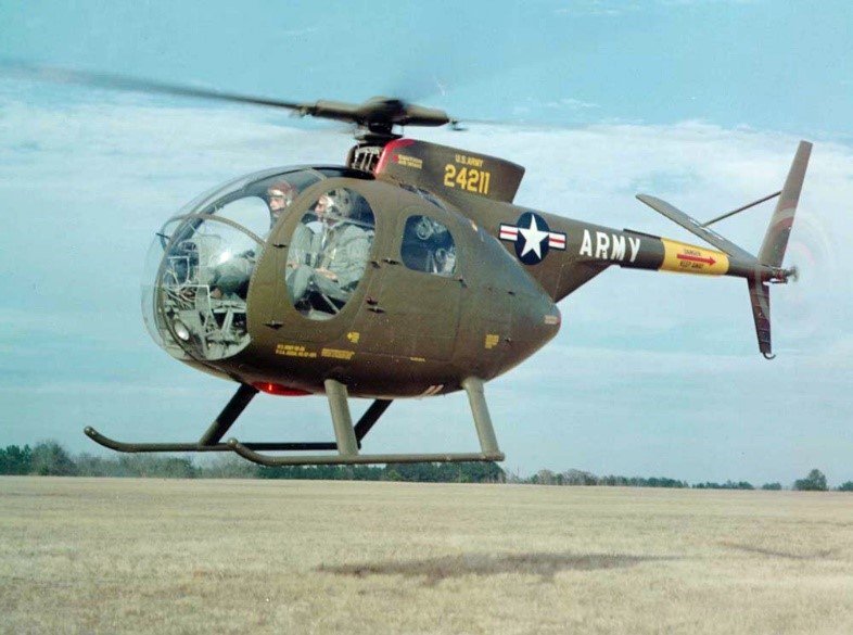 A U.S. Army OH-6 Cayuse scout helicopter, similar to the one in which Taylor, Bowles, and Christensen were forced to land under fire.