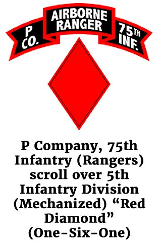 P Company, 75th Infantry (Rangers) scroll over 5th Infantry Division (Mechanized) “Red Diamond” (One-Six-One)